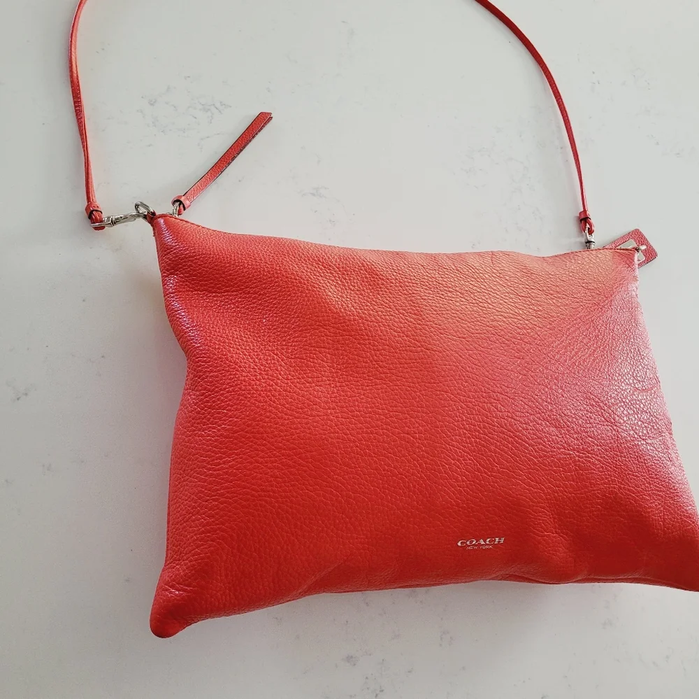 Coach Red Pebbled Leather Crossbody Bag Silver Hardware Foldover Clutch